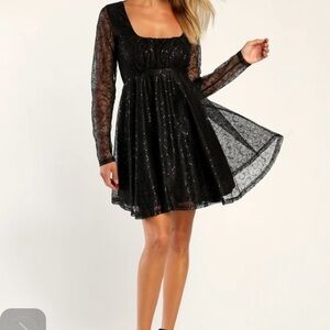 NWT Lulu Sparkling Nights Black Lace Sequin Mini Skater Dress SZ:S